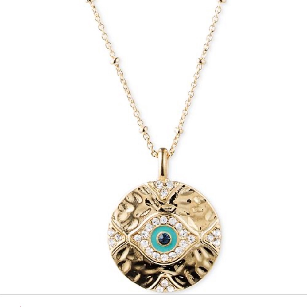 14K Gold Hammered Evil Eye Pendant Necklace